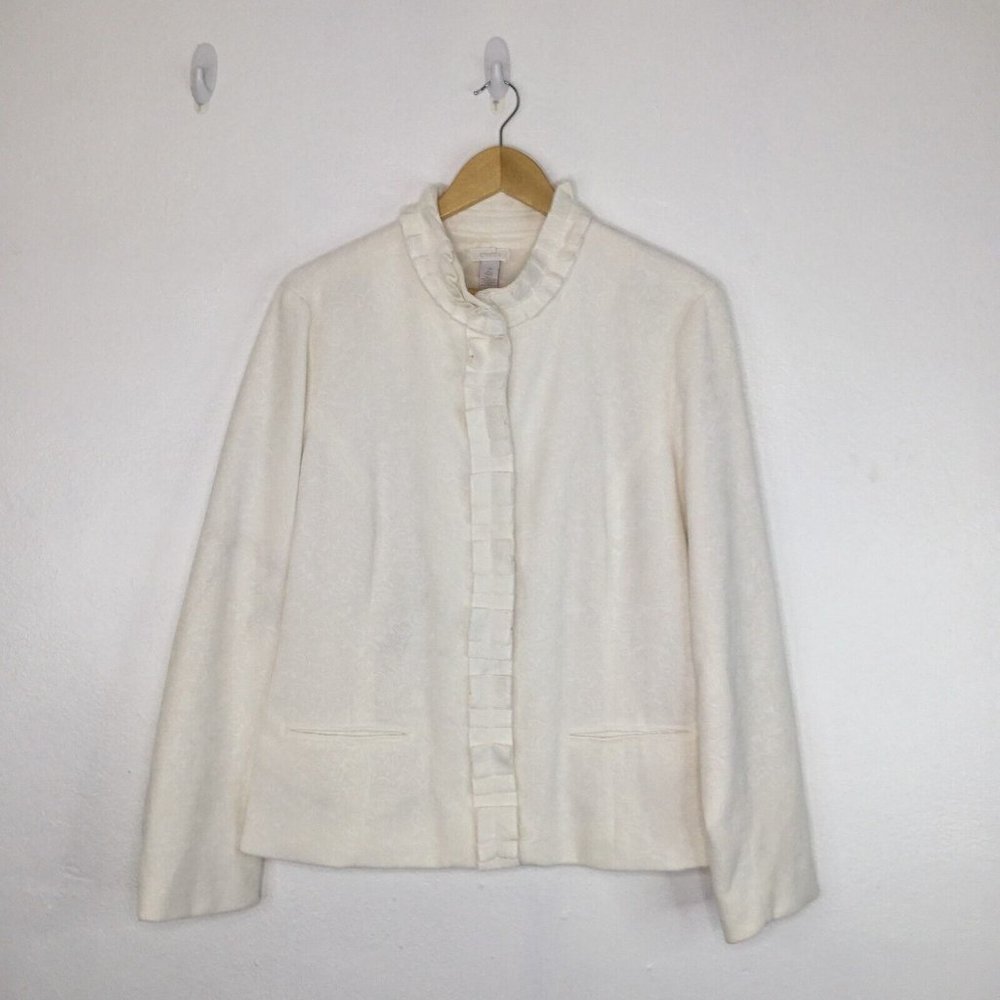Chico's Jacket Blazer Women Large/12 Ivory Frills Long Sleeve Snap Button Pocket
